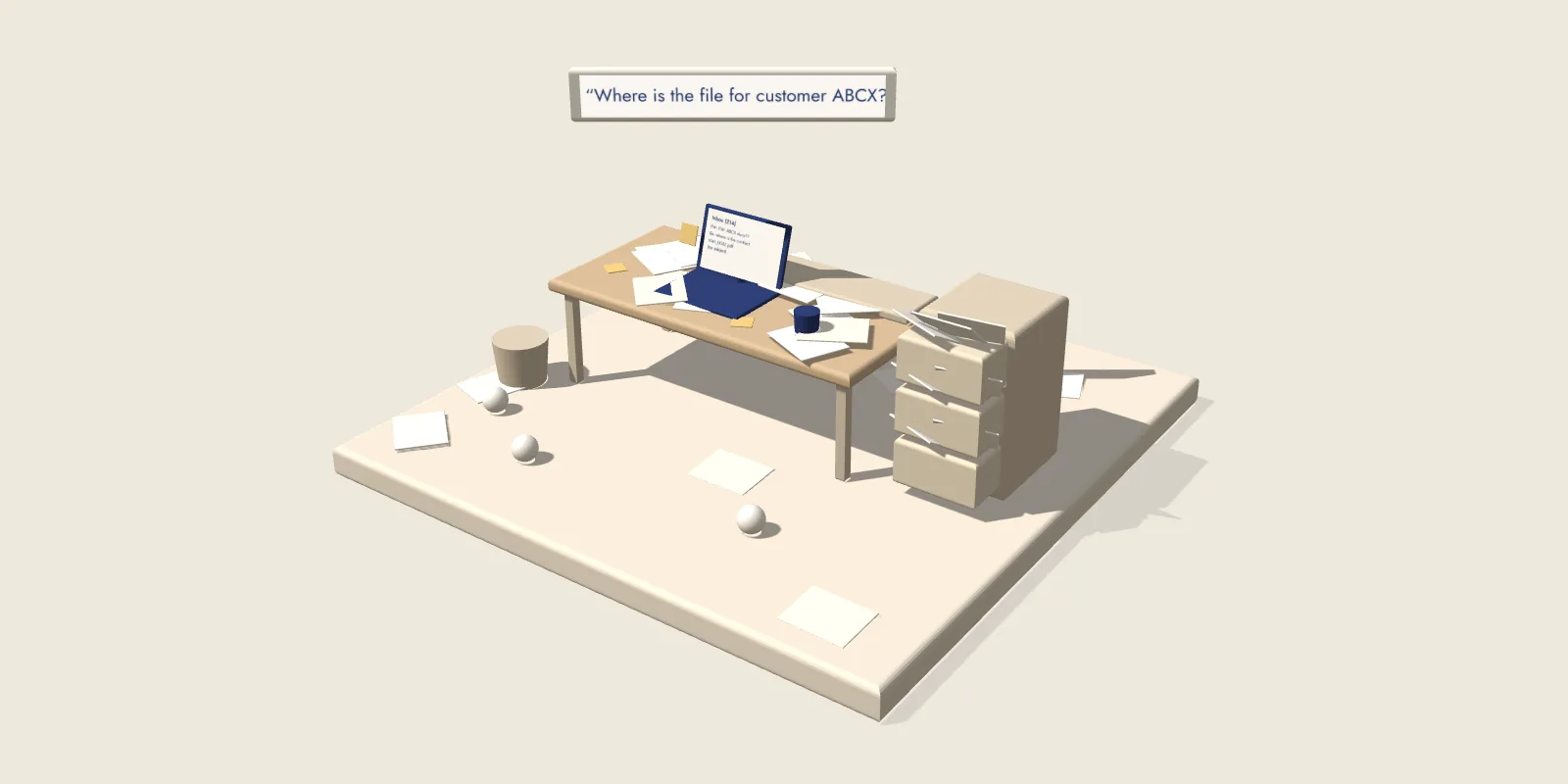 Clay model of a messy desk with papers and a jammed filing cabinet