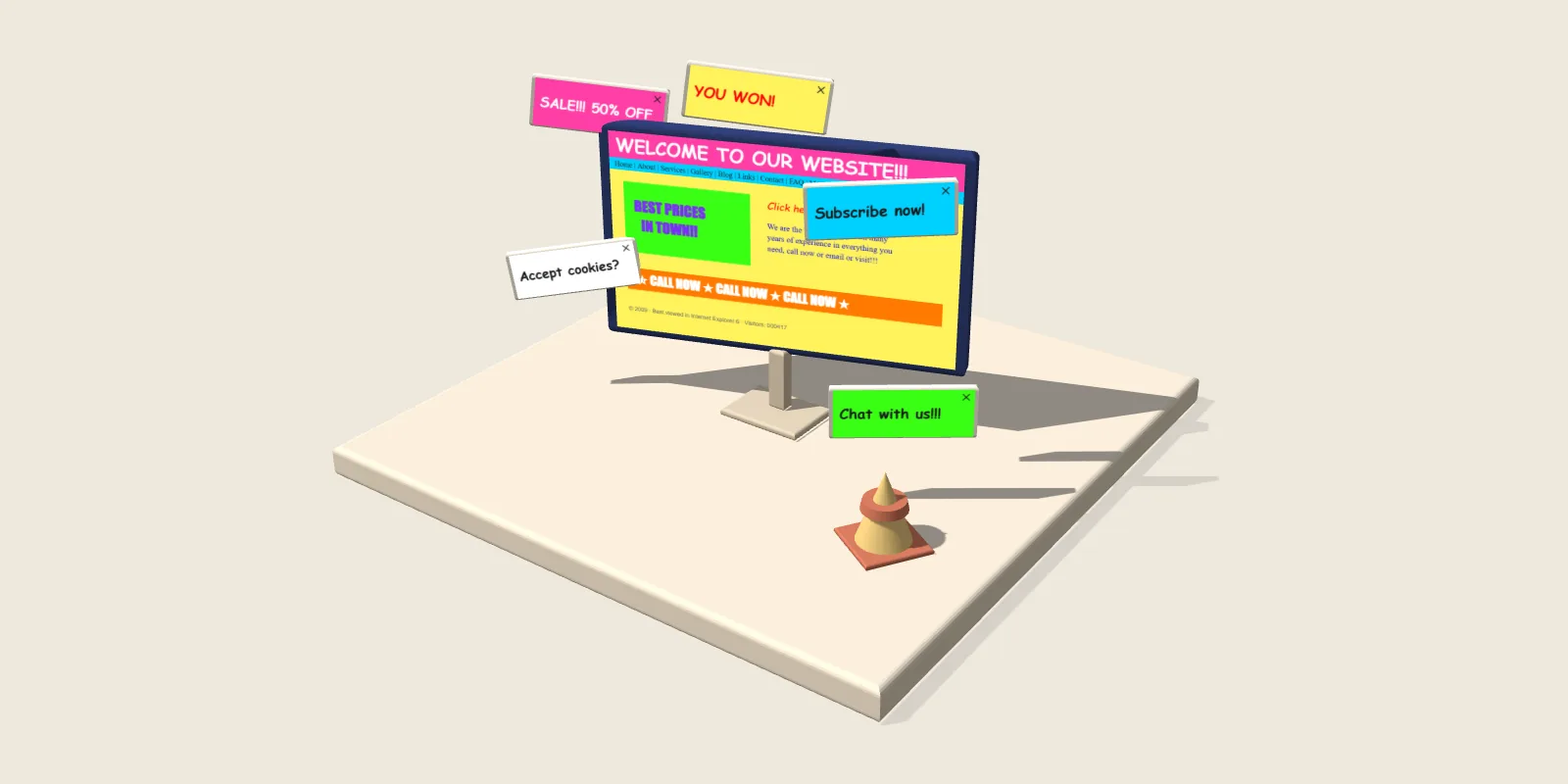 Clay model of a cluttered old website turning into a calm one